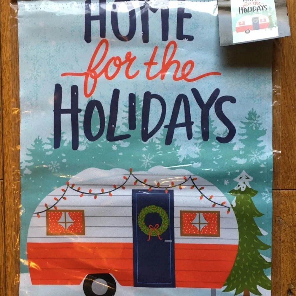 Home for the Holidays Garden Flag Red Camper Travel Trailer Christmas 12